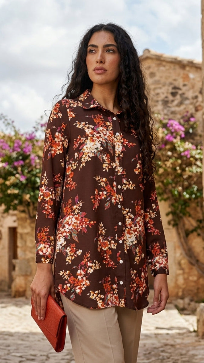 Marwa Floral Print Long Button down Shirt - Chocolate Blossom
