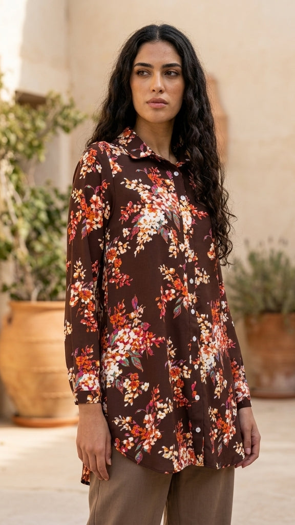 Marwa Floral Print Long Button down Shirt - Chocolate Blossom