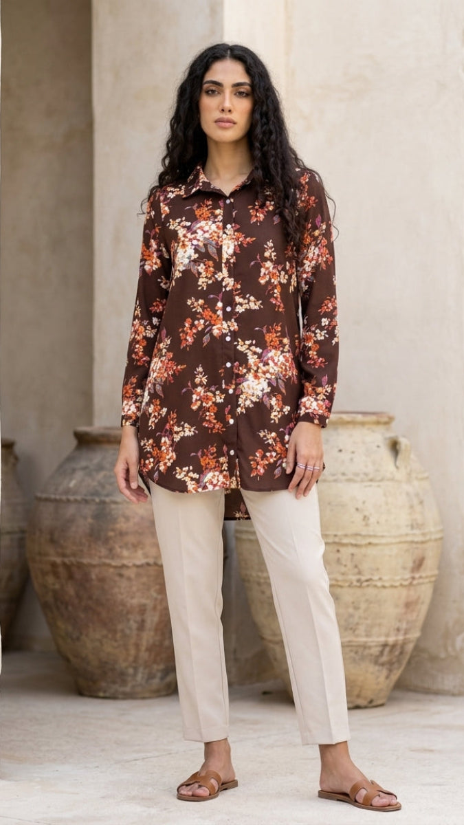 Marwa Floral Print Long Button down Shirt - Chocolate Blossom