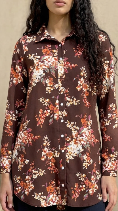 Marwa Floral Print Long Button down Shirt - Chocolate Blossom