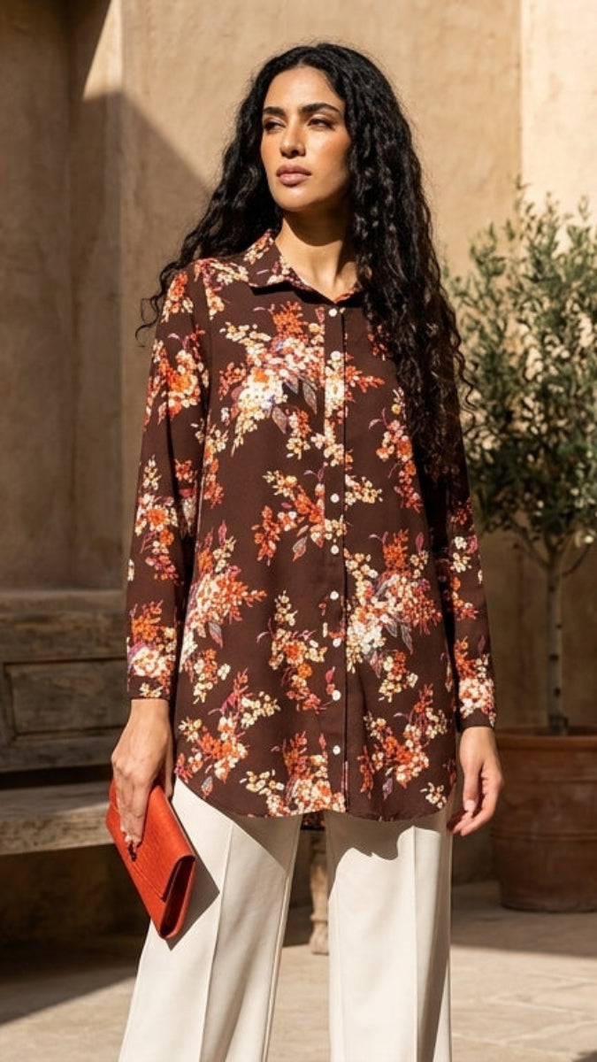 Marwa Floral Print Long Button down Shirt - Chocolate Blossom