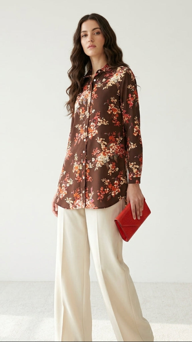 Marwa Brown Floral Print Long Button down Shirt | Modest Fashion