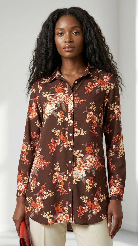 Woman wearing a floral blouse with a neutral background