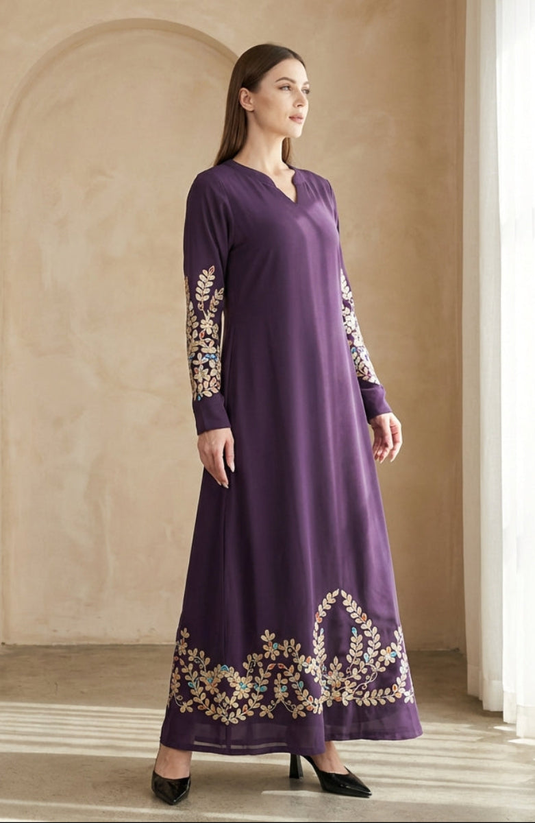 Meraj Purple and Gold Embroidered Formal Modest Long Maxi Dress | Modest Muslim Dresses
