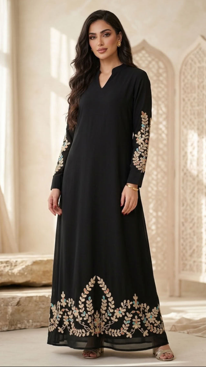 Meraj Gold Embellished Modest Long Maxi Dress - Black