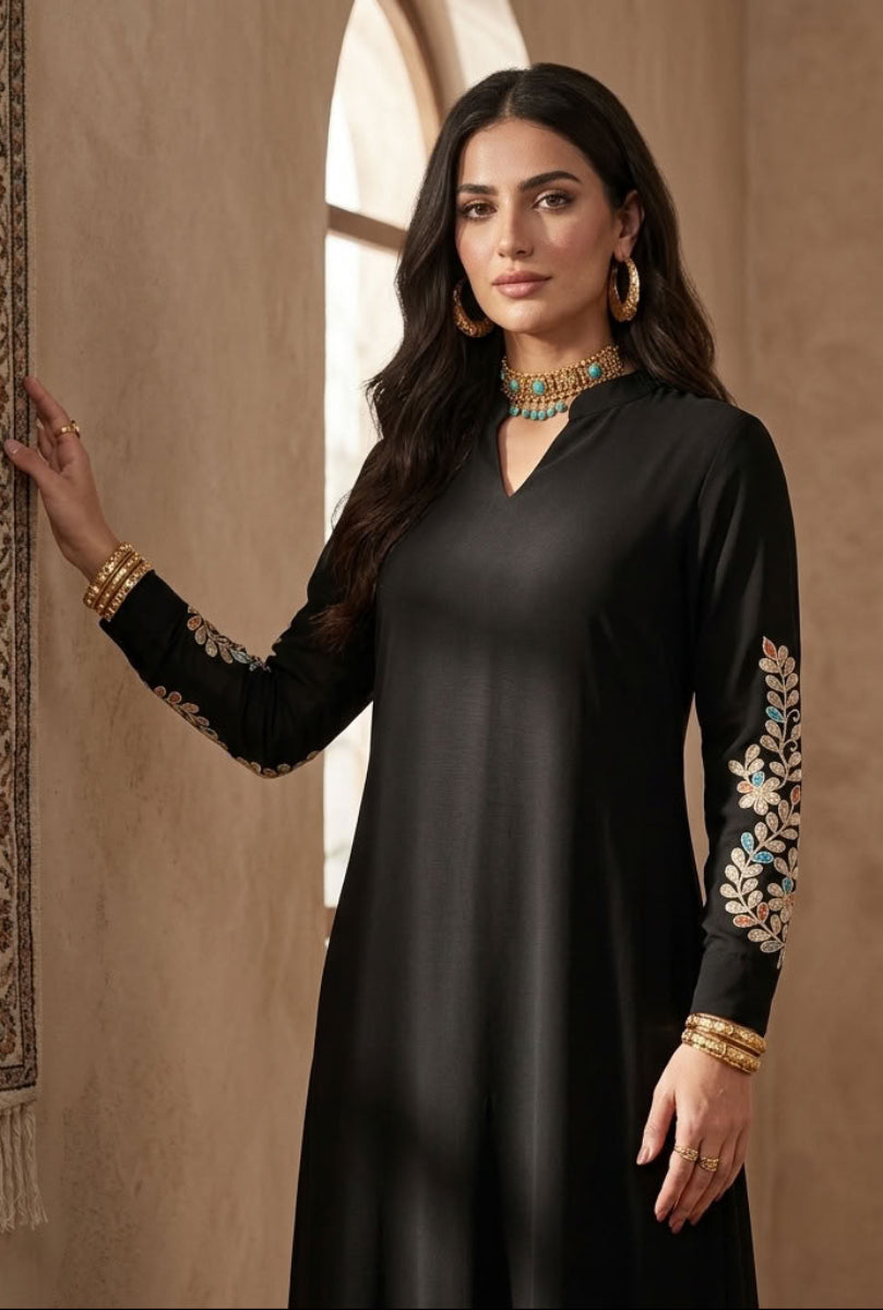 Meraj Gold Embellished Modest Long Maxi Dress - Black