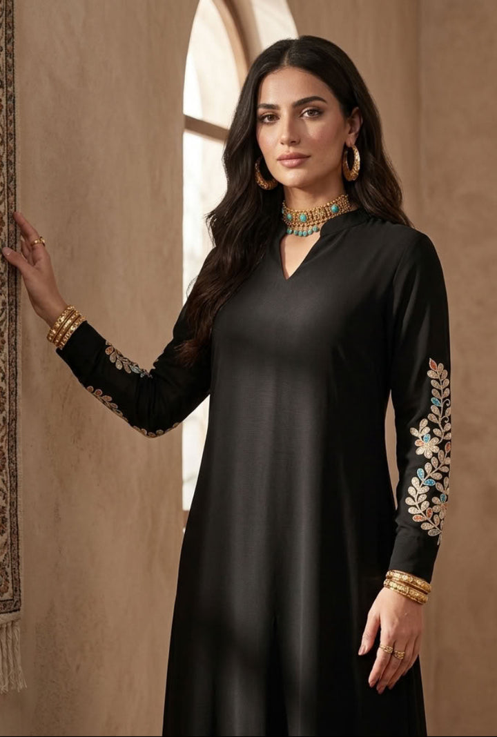 Meraj Gold Embellished Modest Long Maxi Dress - Black