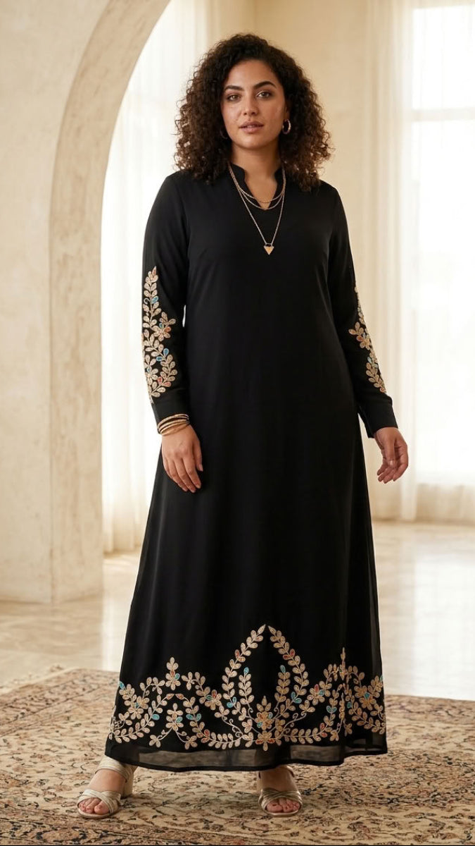 Meraj Gold Embellished Modest Long Maxi Dress - Black