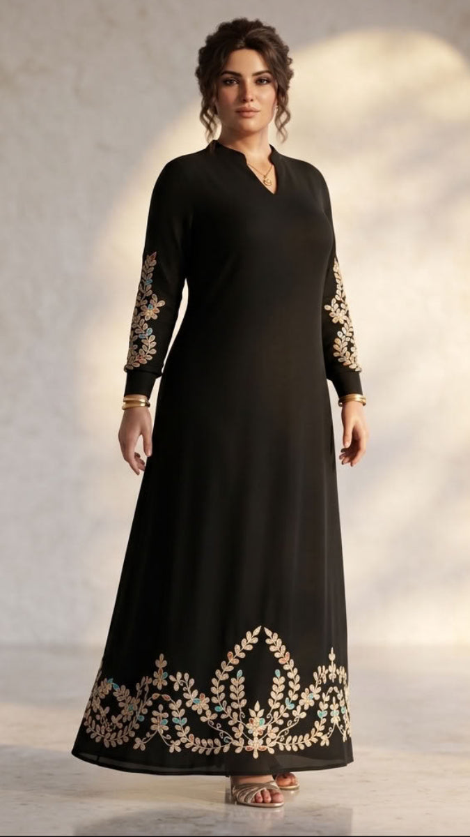 Meraj Gold Embellished Modest Long Maxi Dress - Black