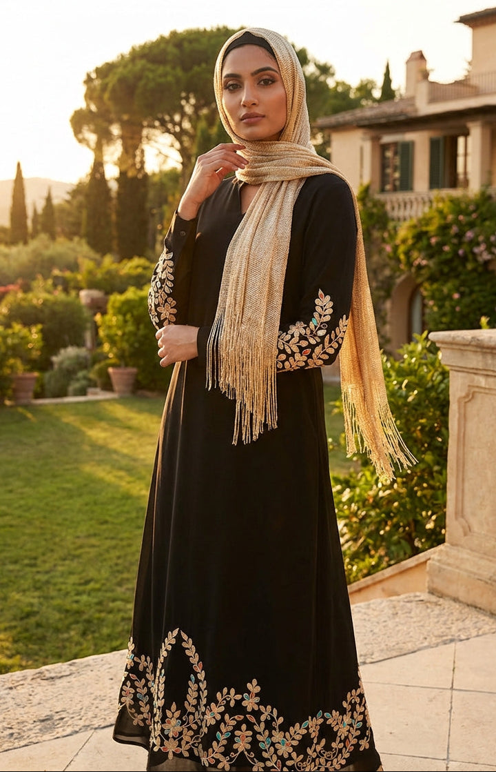 Woman in a black dress with gold embroidery standing in a garden with a villa in the background