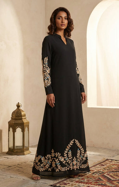 Meraj Black and Gold Embroidered Formal Modest Long Maxi Dress | Modest Muslim Dresses