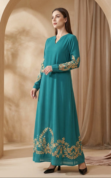 Meraj Turquoise Blue and Gold Embroidered Formal Modest Long Maxi Dress | Modest Muslim Dresses | Artizara USA 10 (L)/42 in.(107 cm)Garment Chest Meraj Turquoise Blue and Gold Embroidered Formal Modest Long Maxi Dress | Modest Muslim Dresses | Artizara USA 10 (L)/42 in.(107 cm)Garment Chest