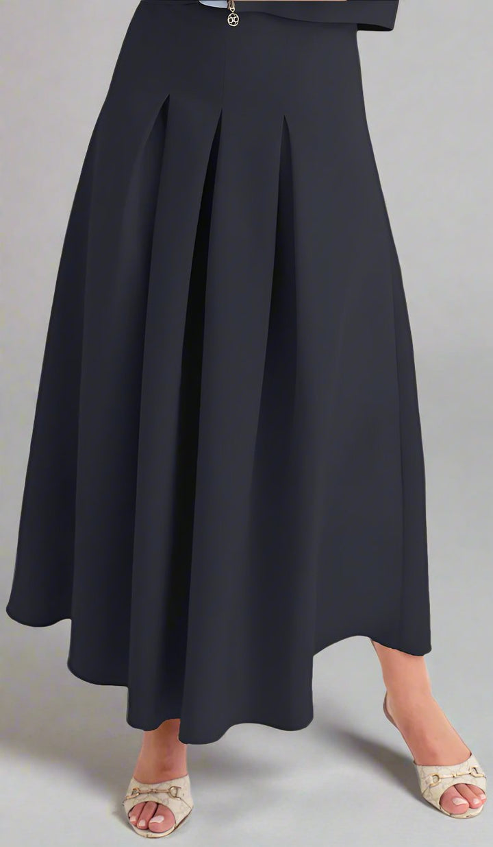 Woman wearing Mia skirt with Black and heels. 