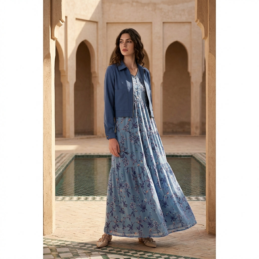 Woman in a blue dress standing in a sunlit courtyard with arches and a pool.