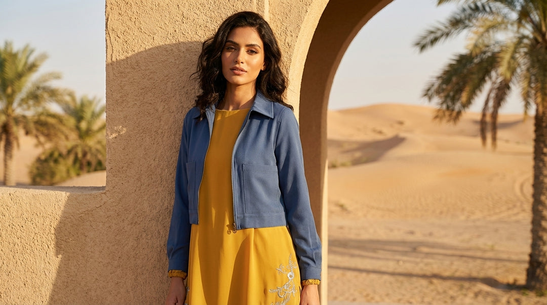 Woman in a yellow dress and blue jacket standing in a desert setting with palm trees.