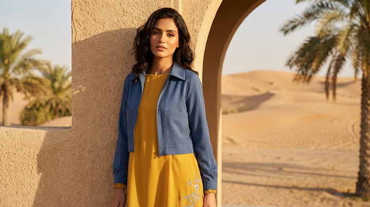 Woman in a yellow dress and blue jacket standing in a desert setting with palm trees.