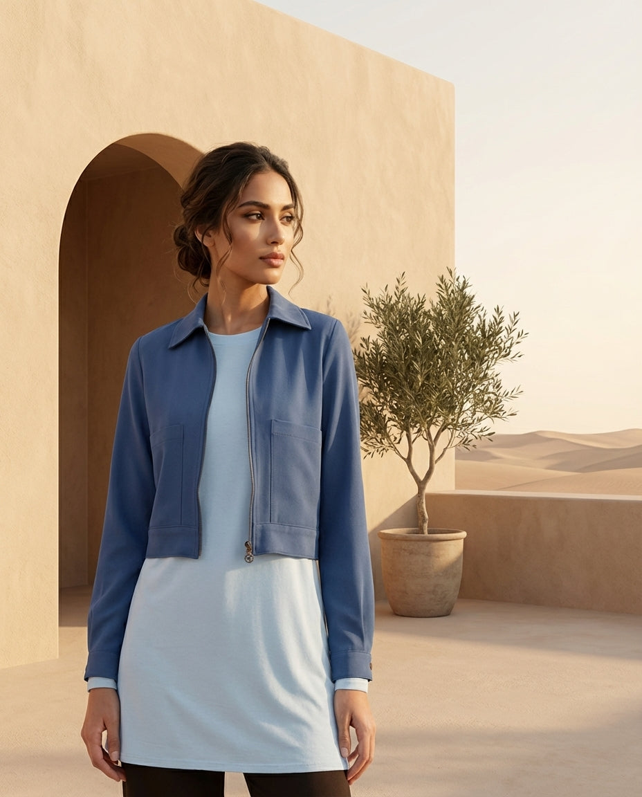 Woman wearing a blue jacket over a light dress in a desert setting with beige architecture and a potted plant.
