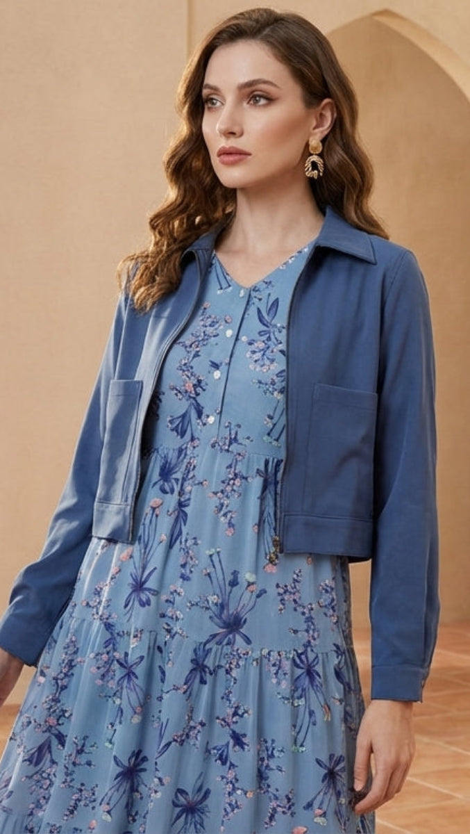 Woman in a blue floral dress and jacket standing in a decorative interior setting.