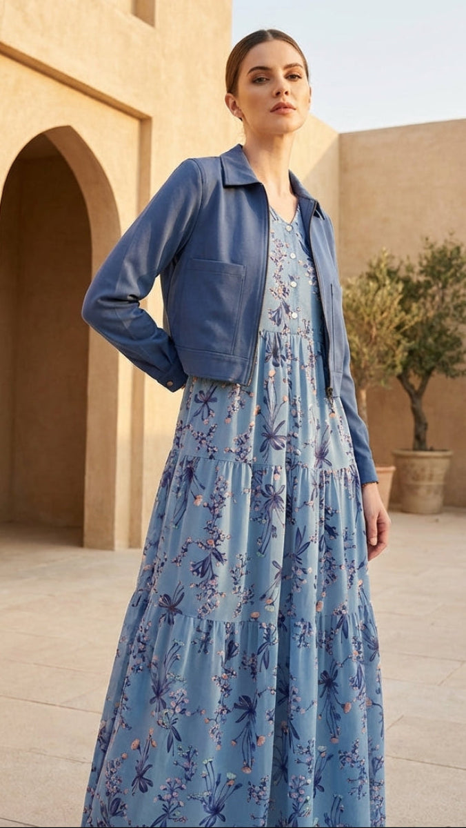 Woman in a blue floral dress and denim jacket standing in front of a beige building with arches.