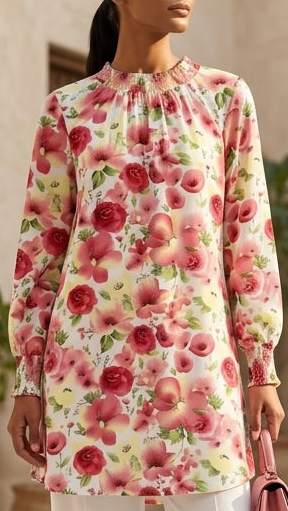 Woman wearing a floral long-sleeve top with pink and red flowers on a neutral background