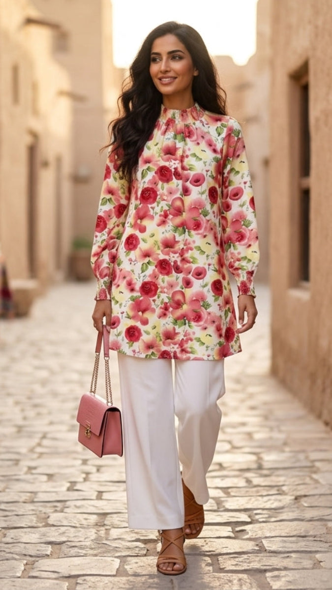 Woman in a floral dress walking down a sunlit street with traditional architecture.