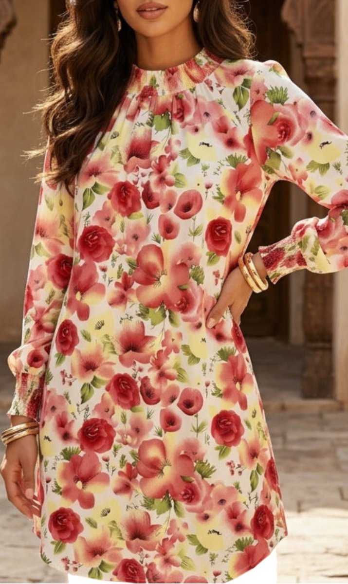 Mishal Essential Long Smocked Modest Tunic - Floral Garden