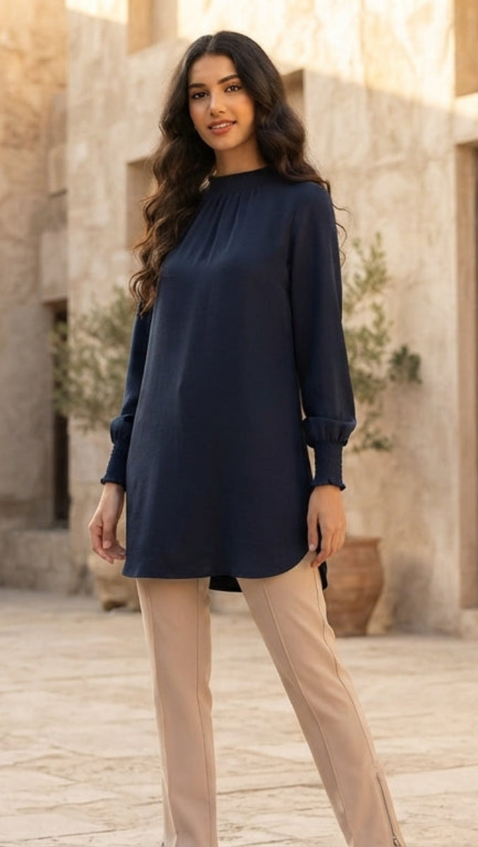Tunique modeste longue smockée Mishal Essential - Marine