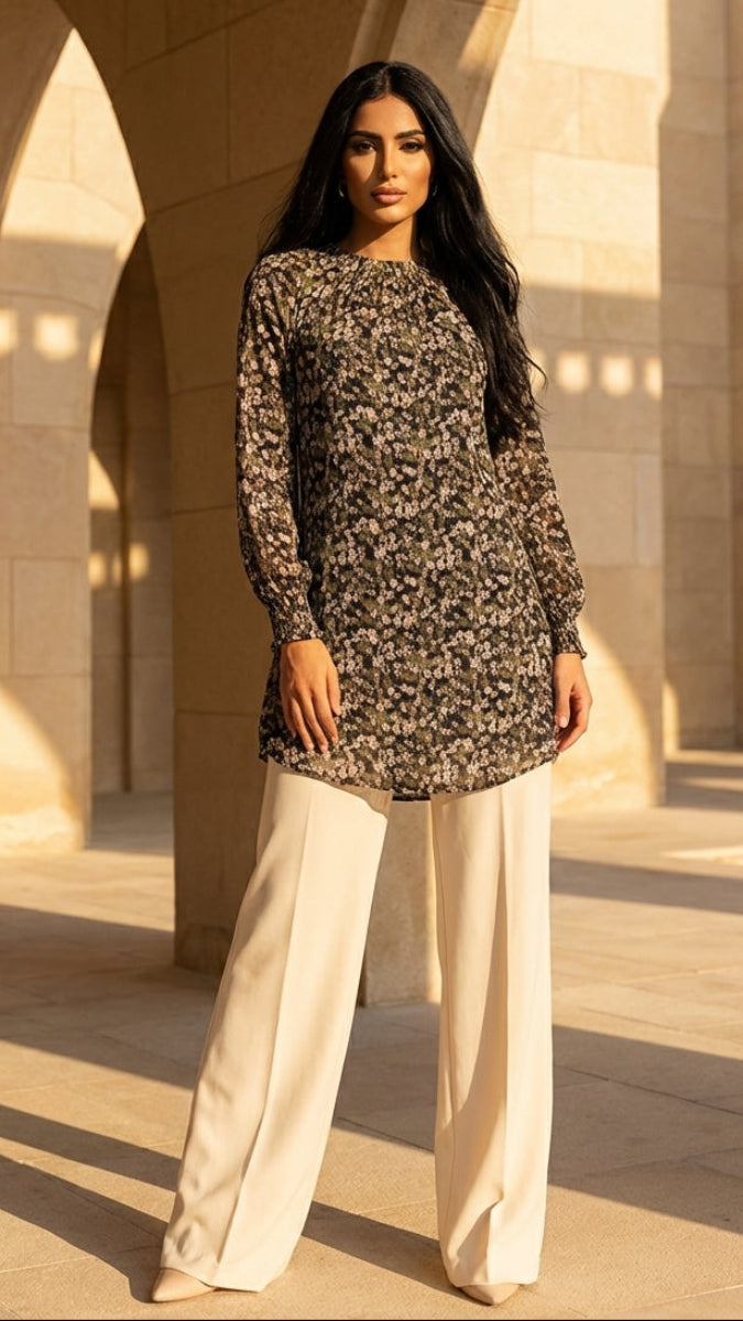 Woman in a floral dress and white pants standing in front of architectural arches.