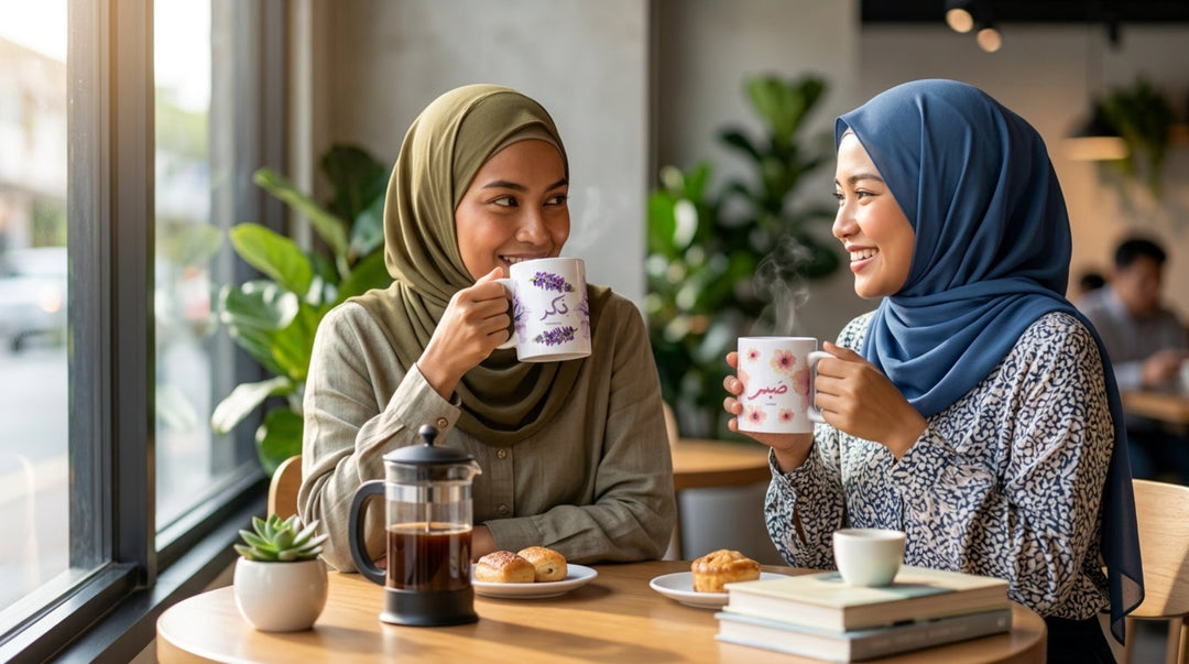 Two women in hijabs enjoying coffee and pastries in a cafe.