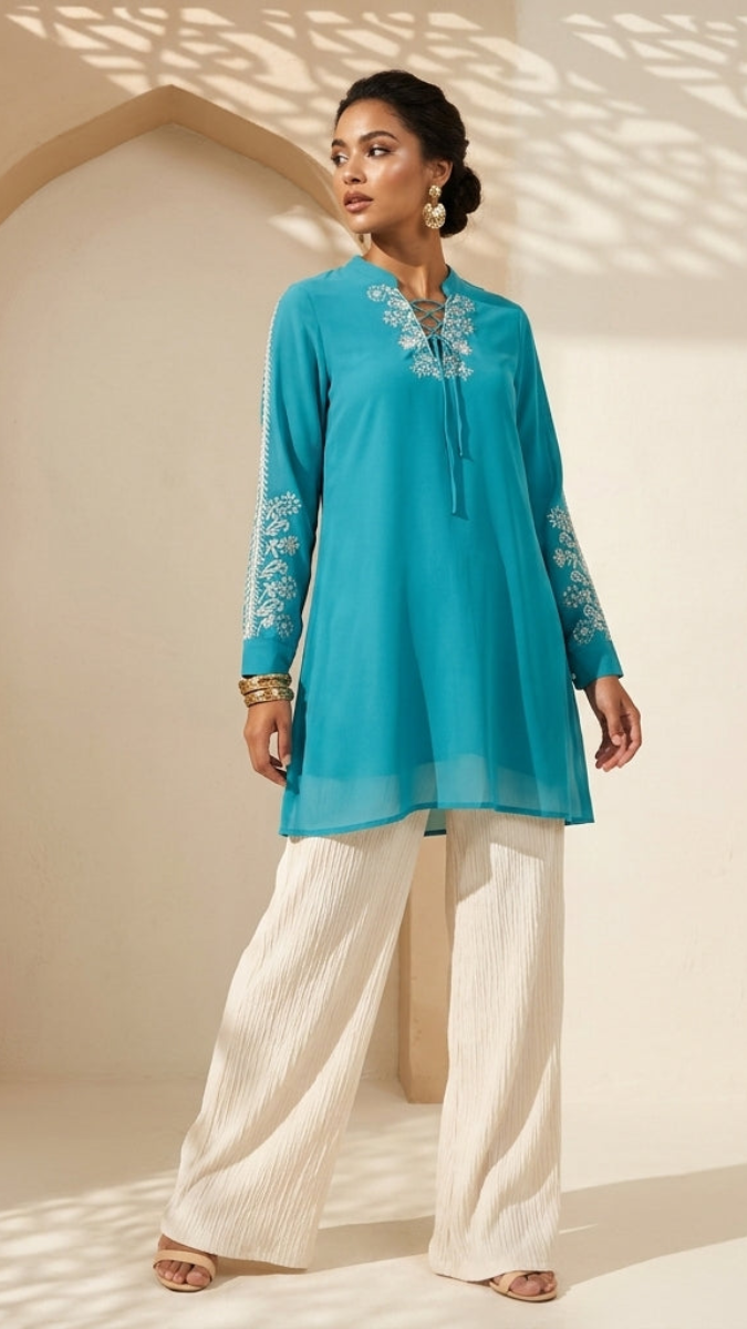 Woman wearing a turquoise embroidered top and white pants in a sunlit room with archway.