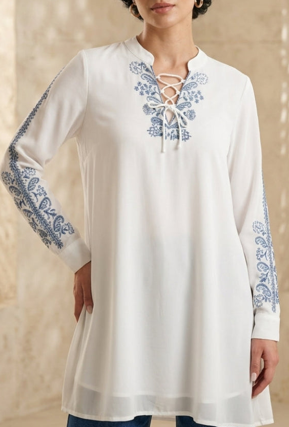 Nahid Embroidered Long Modest Tunic - White