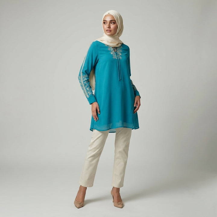 Nahid Embroidered Long Modest Tunic - Turquoise