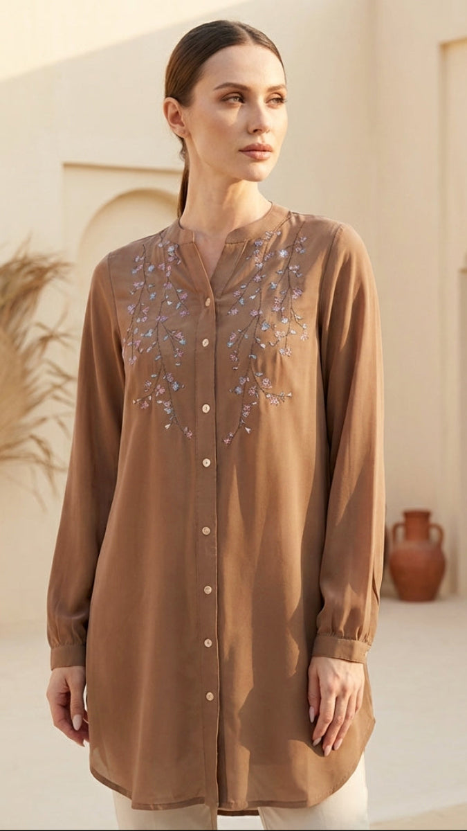 Nari Embroidered Long Modest Tunic - Mocha