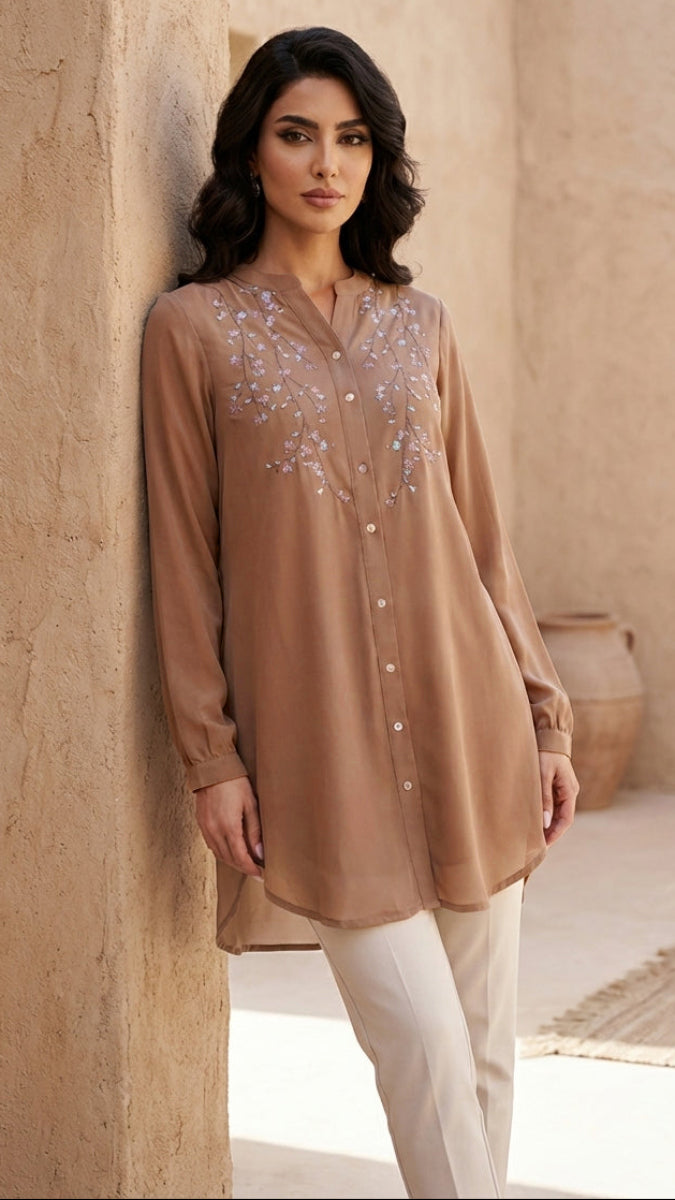 Nari Embroidered Long Modest Tunic - Mocha