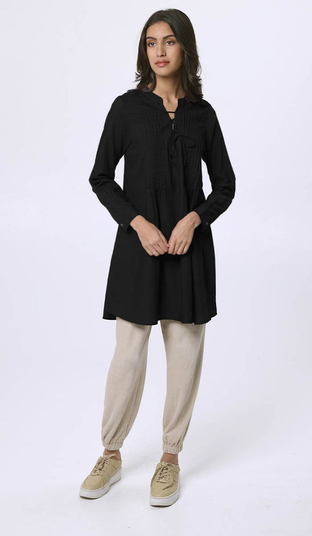 Naseem Pleated Mostly Cotton Tunic Dress - Black - PREORDER (ships in 2 weeks)