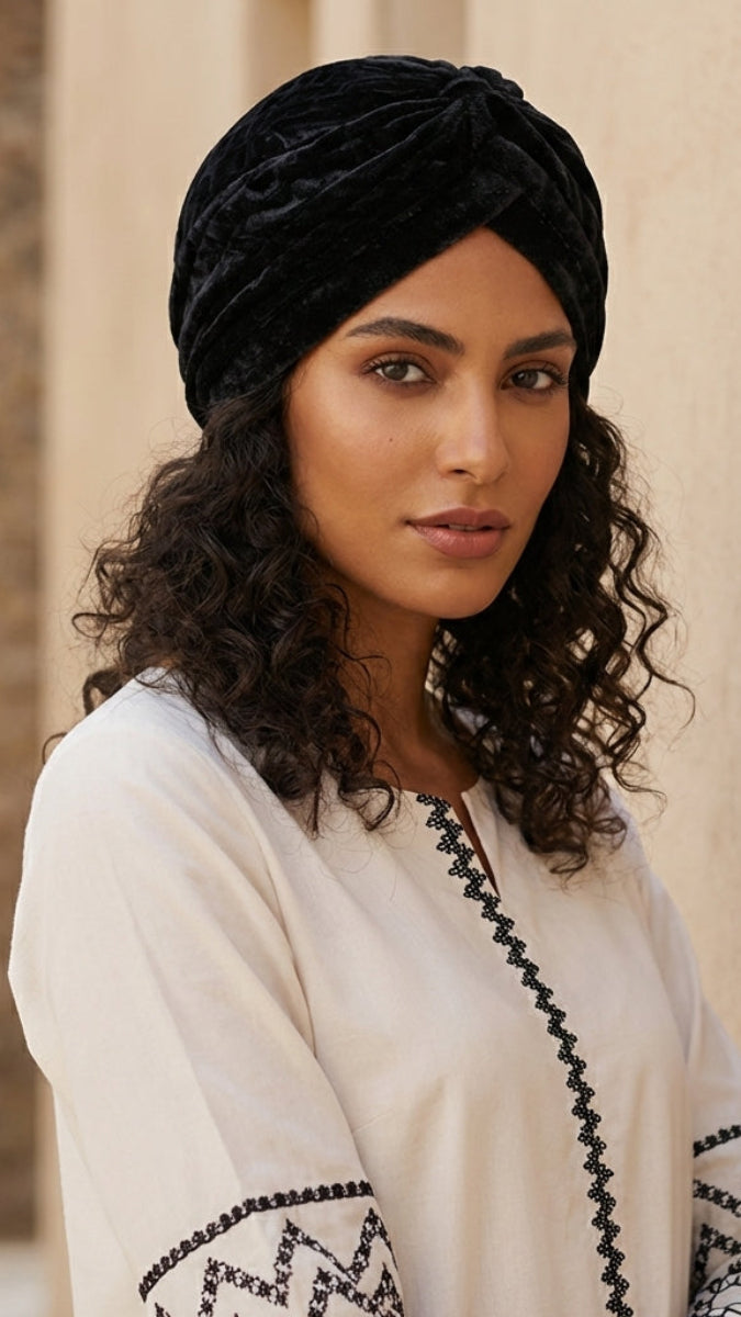Woman wearing a black turban and white embroidered outfit in an outdoor setting.
