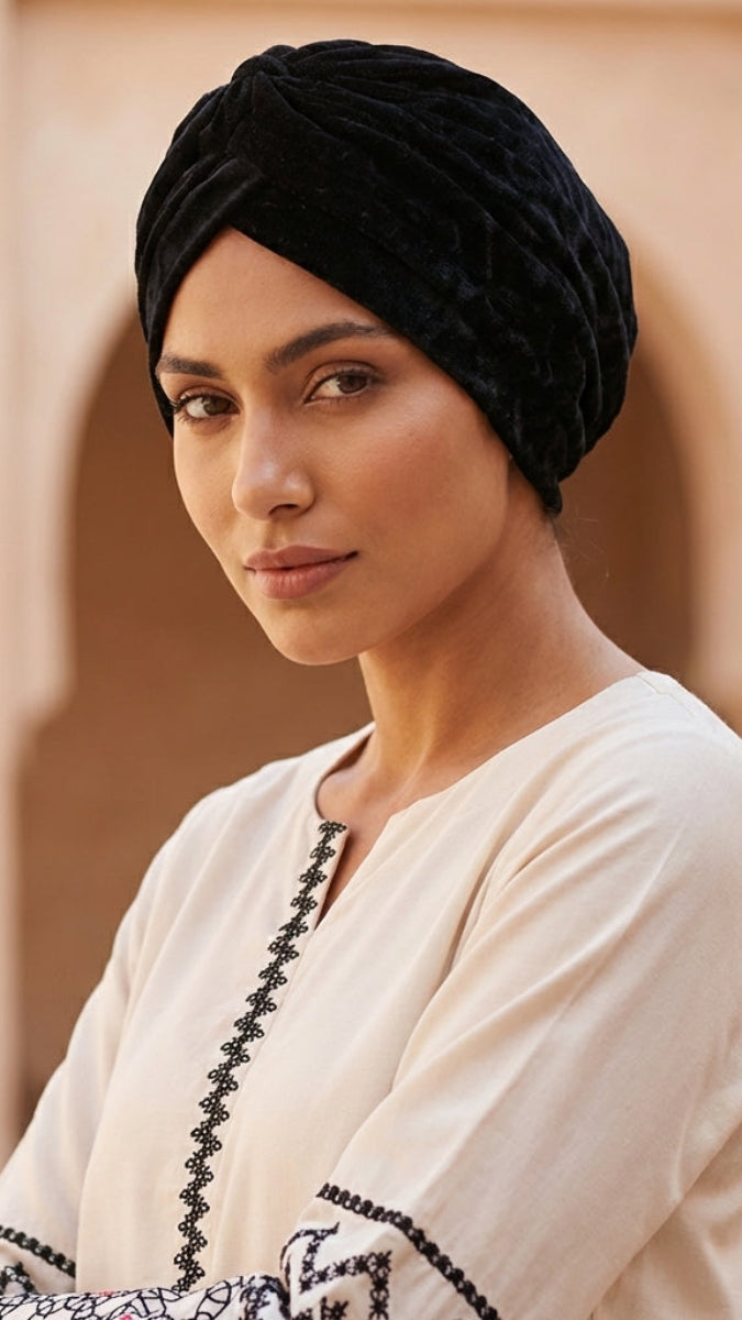 Woman wearing a black turban and white outfit with black embroidery against a beige background
