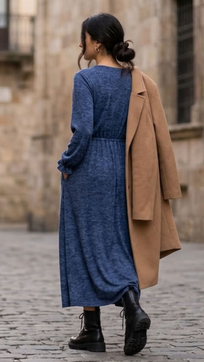 Nawal Modest Stretchy Midi Dress with Pockets - Denim Blue