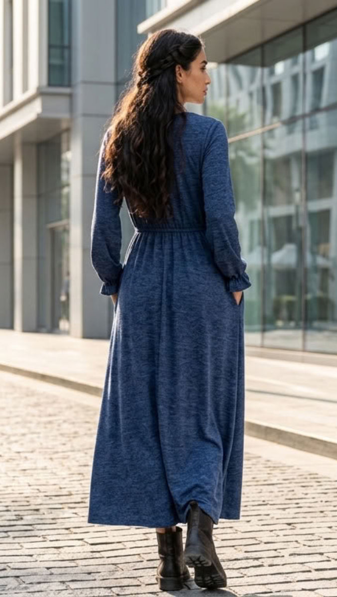 Nawal Modest Stretchy Midi Dress with Pockets - Denim Blue