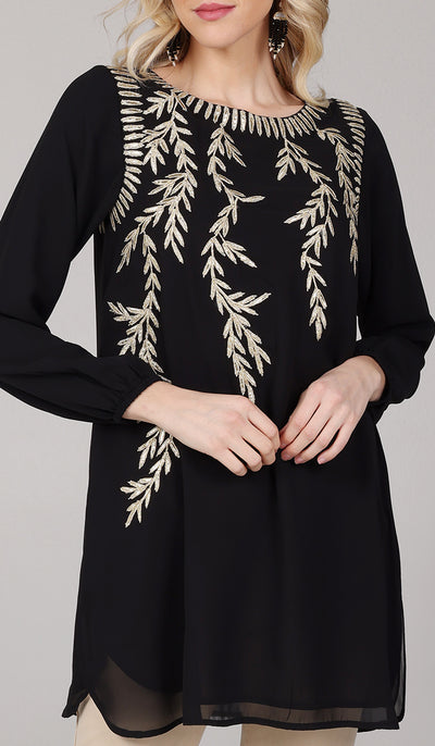 Nawal Gold Embroidered Long Modest Tunic - Black