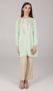 Nawal Gold Embroidered Long Modest Tunic - Mint