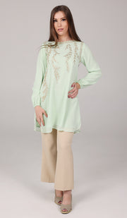 Nawal Gold Embroidered Long Modest Tunic - Mint