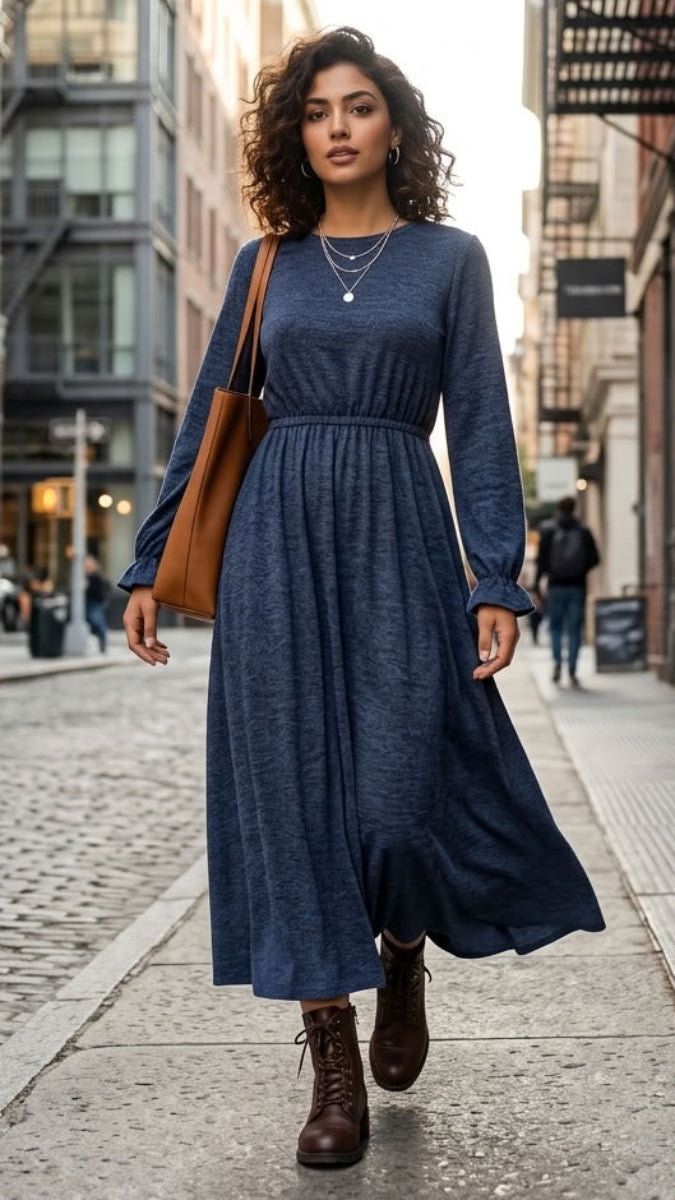 Nawal Modest Stretchy Midi Dress with Pockets - Denim Blue