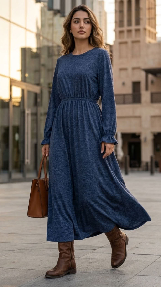 Nawal Modest Stretchy Midi Dress with Pockets - Denim Blue