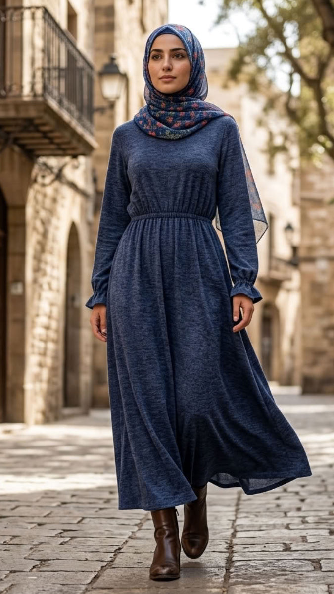 Nawal Modest Stretchy Midi Dress with Pockets - Denim Blue