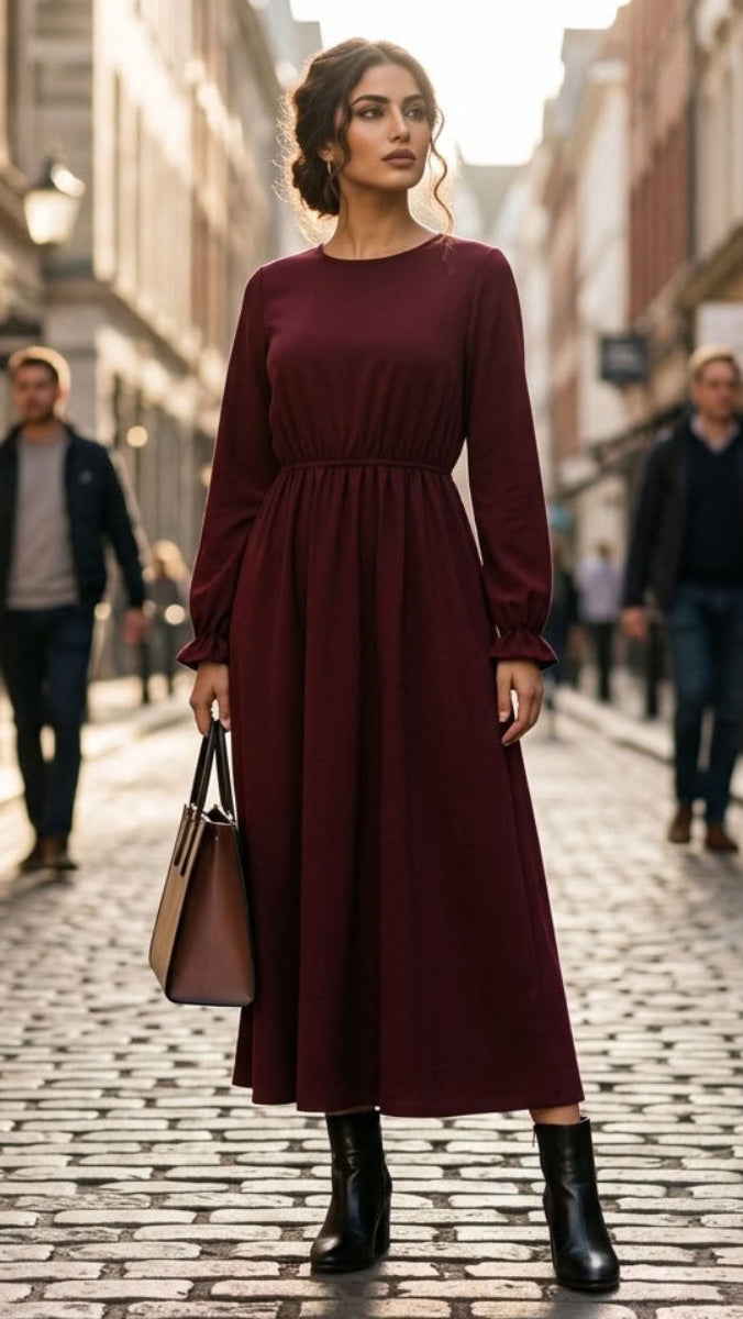 A woman stands on a cobblestone city street wearing a long-sleeve midi dress in deep burgundy with a gathered waist, holding a brown handbag. Pedestrians walk in the blurred background of the street.