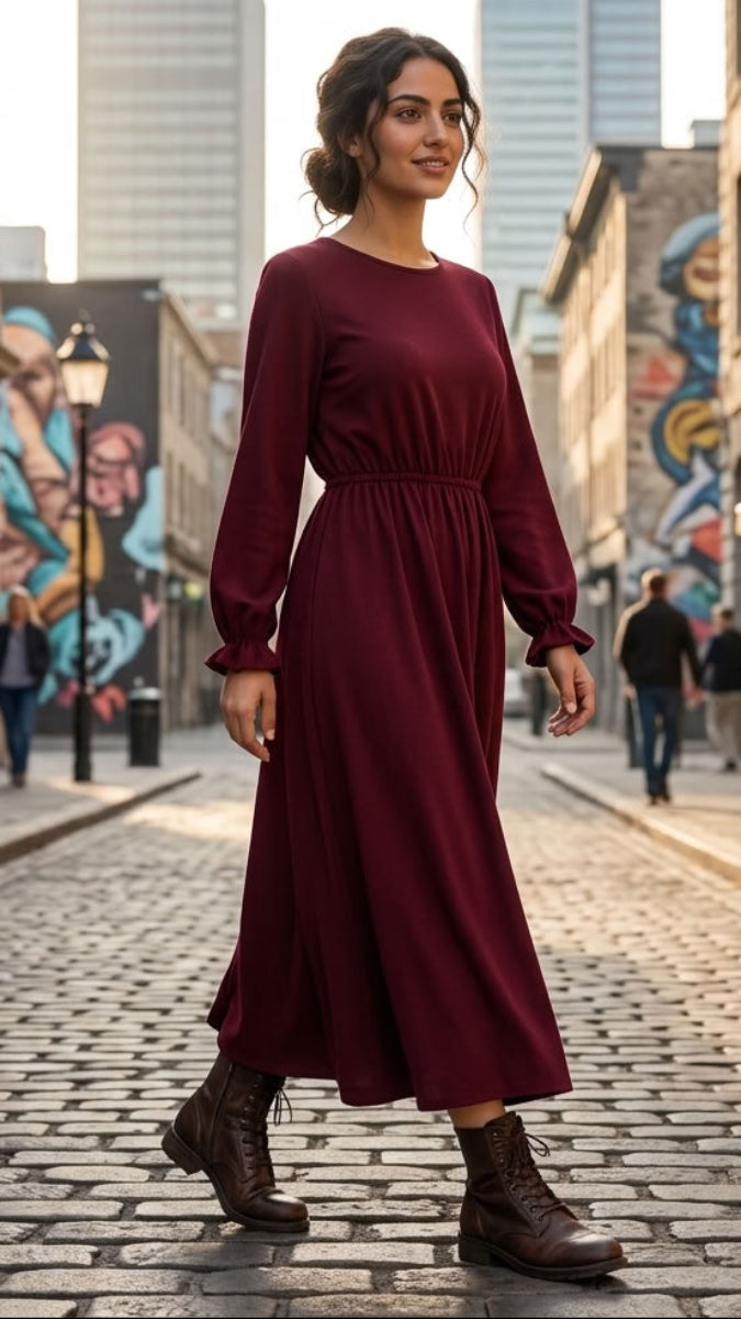 A woman wearing a long-sleeve, crew-neck maxi dress in deep burgundy, standing on a cobblestone street in an urban setting with graffiti walls and blurred pedestrians in the background.