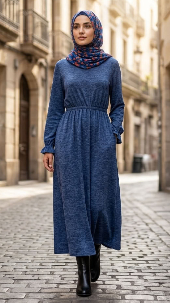 Nawal Modest Stretchy Midi Dress with Pockets - Denim Blue