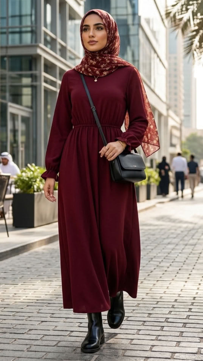 Nawal Modest Stretchy Midi Dress with Pockets- Ruby