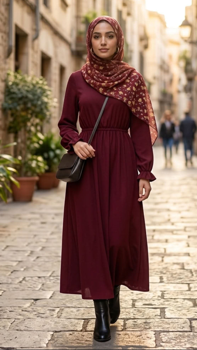 Nawal Modest Stretchy Midi Dress with Pockets- Ruby